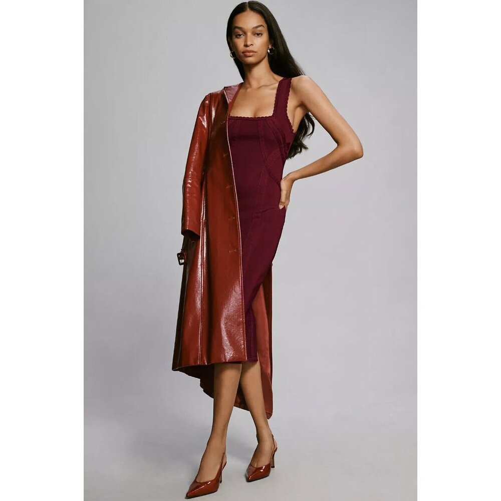 By Anthropologie Slim Square-Neck Sleeveless Midi Jumper Dress in Wine Size S